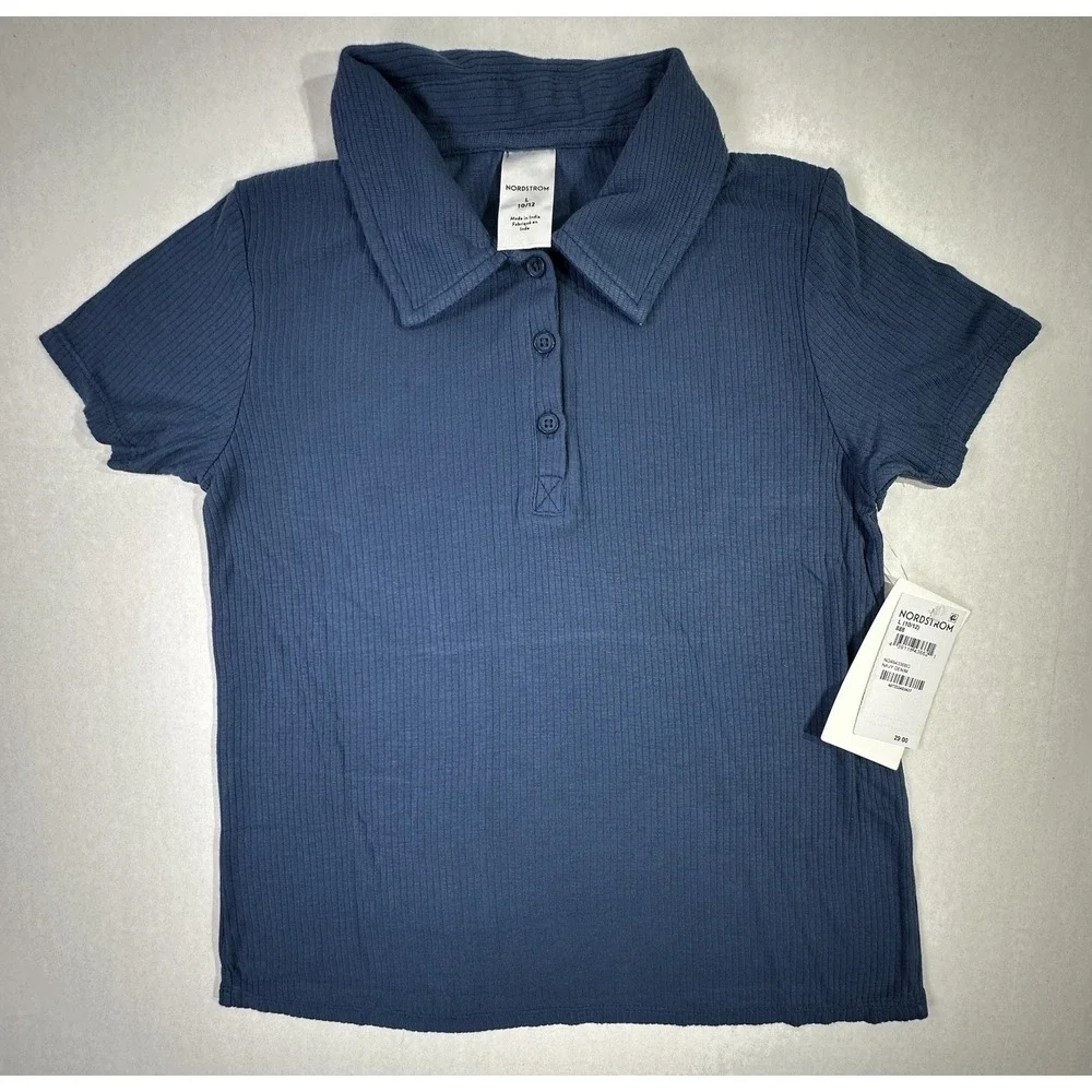Nordstrom Kids Polo Shirt Navy Blue Ribbed Short Sleeve Top Size L 10/12‎ NWT